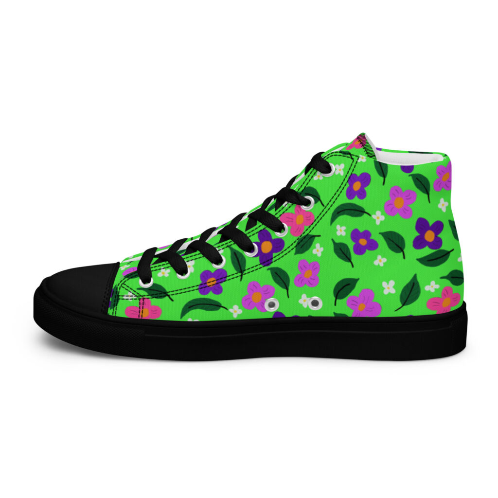 Green Spring Women's High Top Canvas Shoe with black soles inside side view.