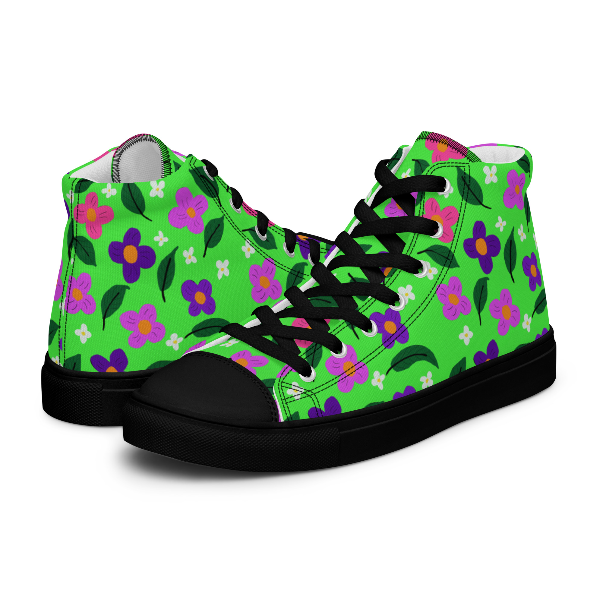 Green Spring Men's High Top Canvas Shoes. These handmade, trendy shoes are custom printed with my own design. side View Black Sole.