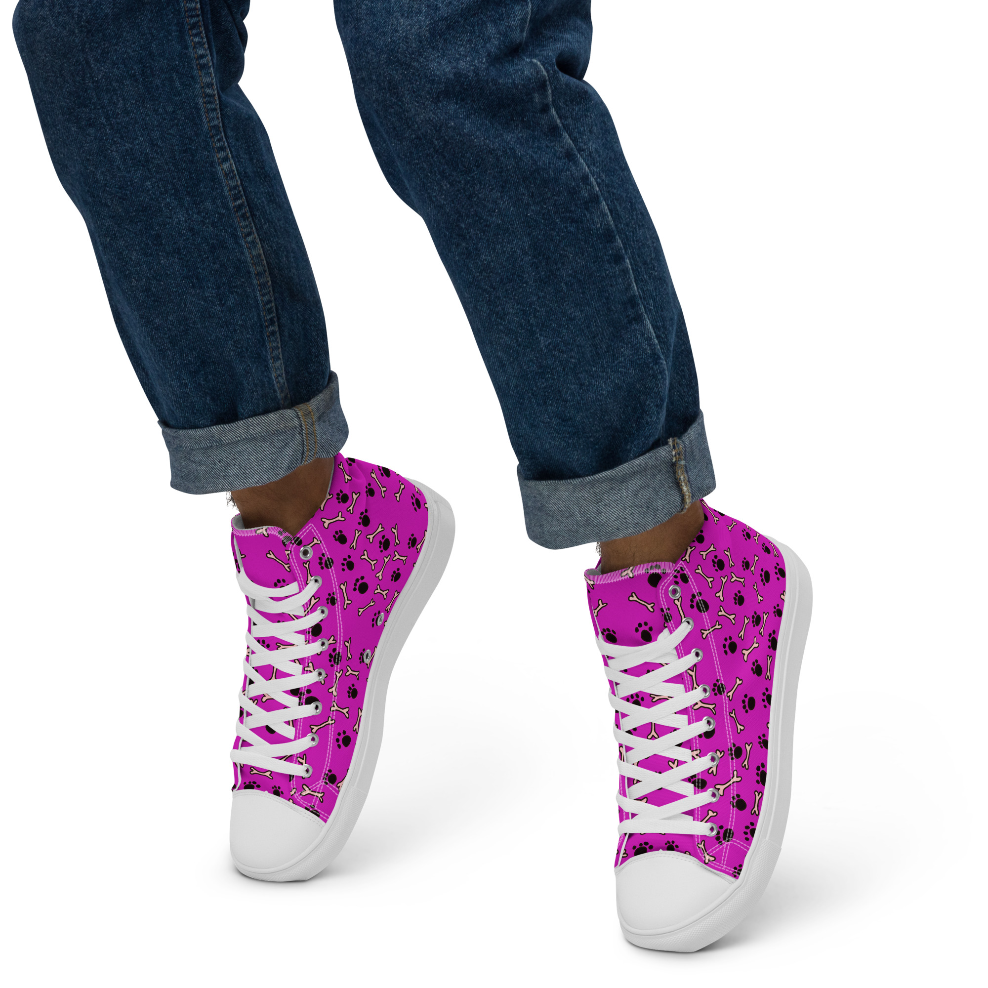 Pink Paw & Bone Men's High Top Canvas Shoes. These handmade, trendy shoes are custom printed with my own design. Model on tipy toes White Sole