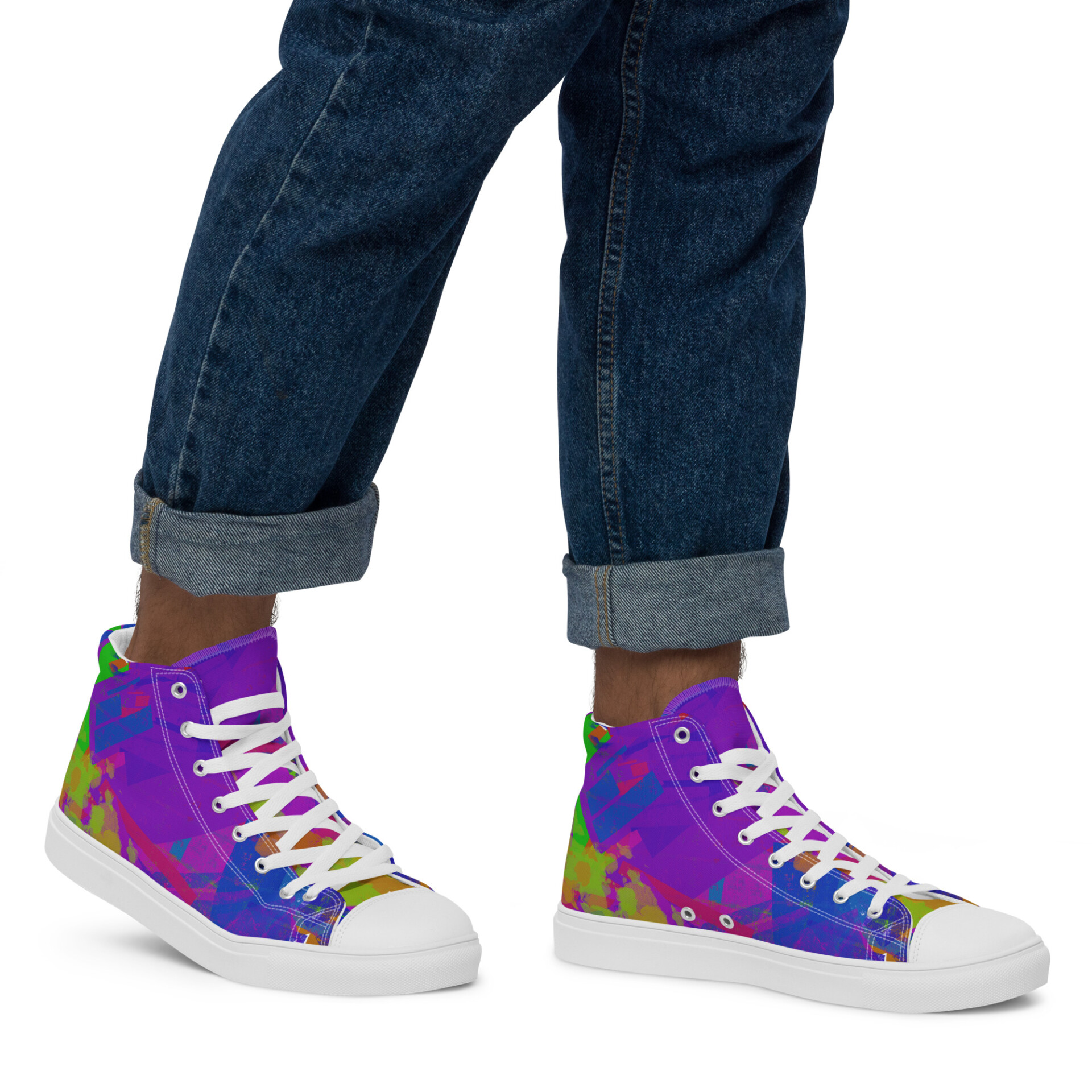 Kaleidoscope Dream Men's High Top Canvas Shoes. These handmade, trendy shoes are custom printed with my own design. Front View White Sole. Being Worn by a model. Only his legs showing with the shoes.