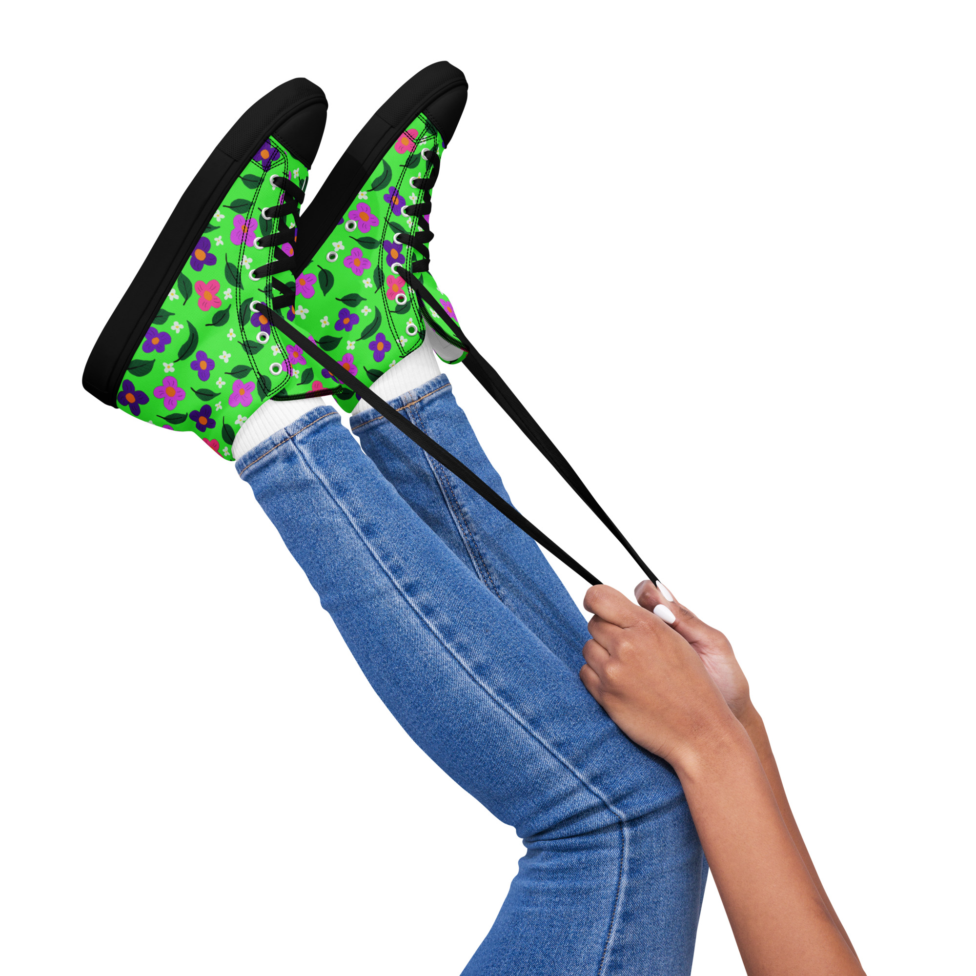 Green Springs Women's High Top Canvas Shoes. These handmade, trendy shoes are custom printed with my own design. Front View White Sole. Being Worn by a model. She is wearing jeans and only her legs are showing with the shoes.