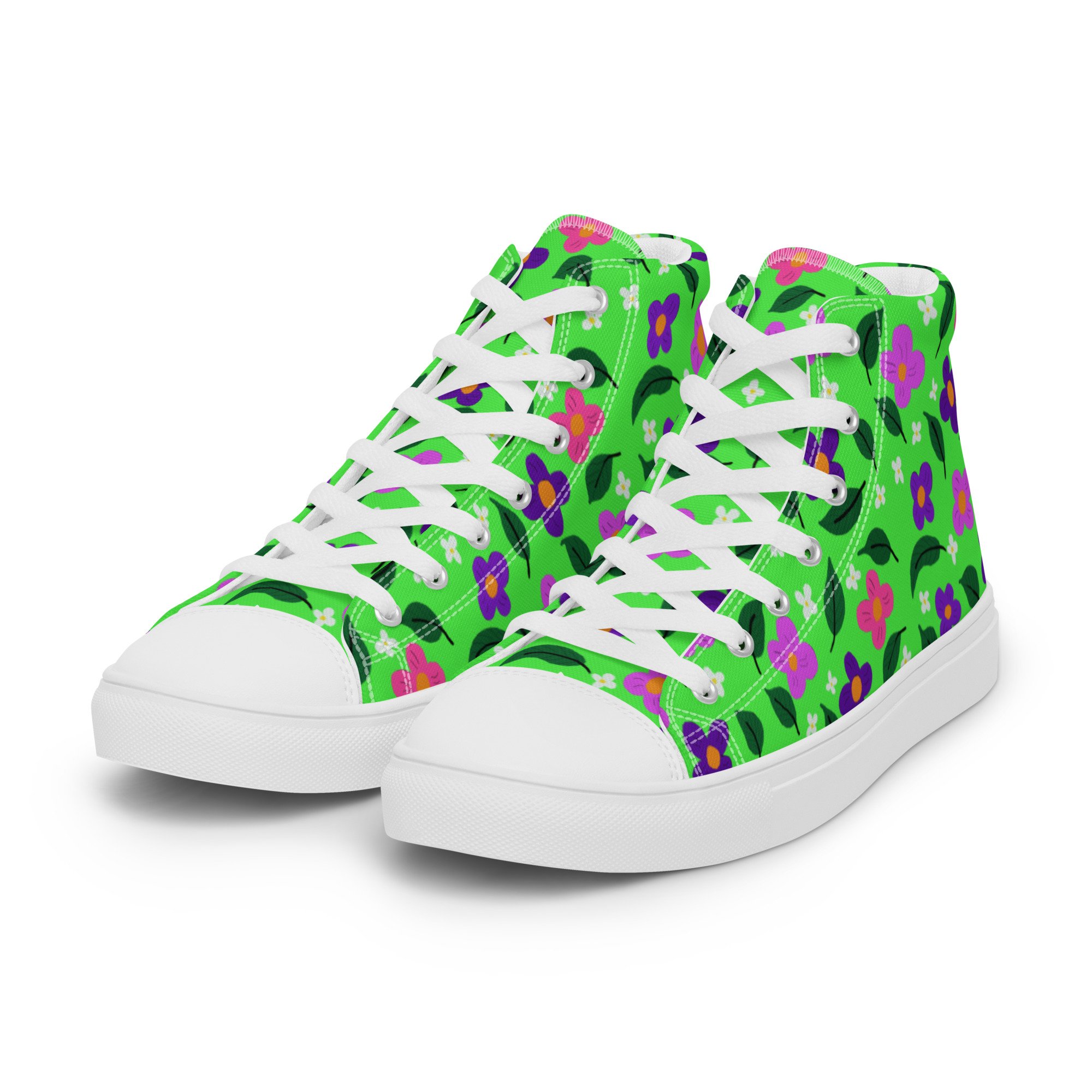 Green Spring Women's High Top Canvas Shoes. These handmade, trendy shoes are custom printed with my own design. Side View White Sole.