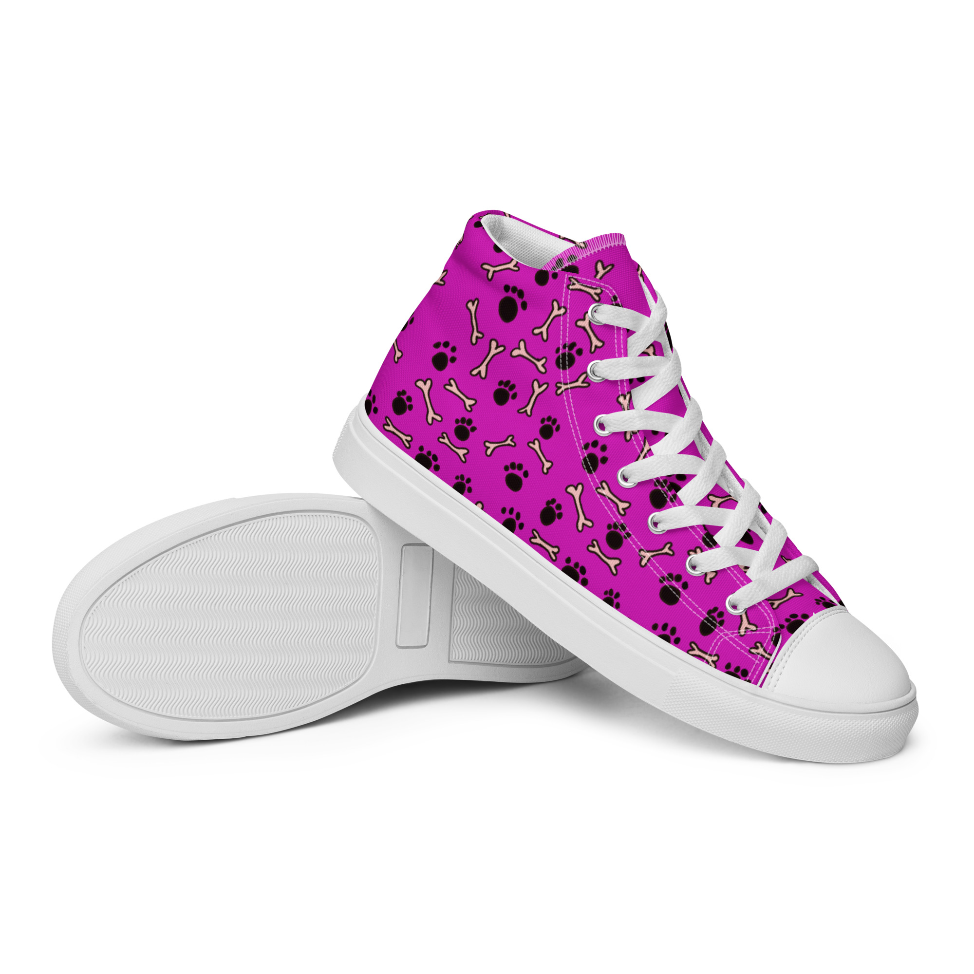 Pink Paw & Bone Women's High Top Canvas Shoes. These handmade, trendy shoes are custom printed with my own design. Side View White Sole.