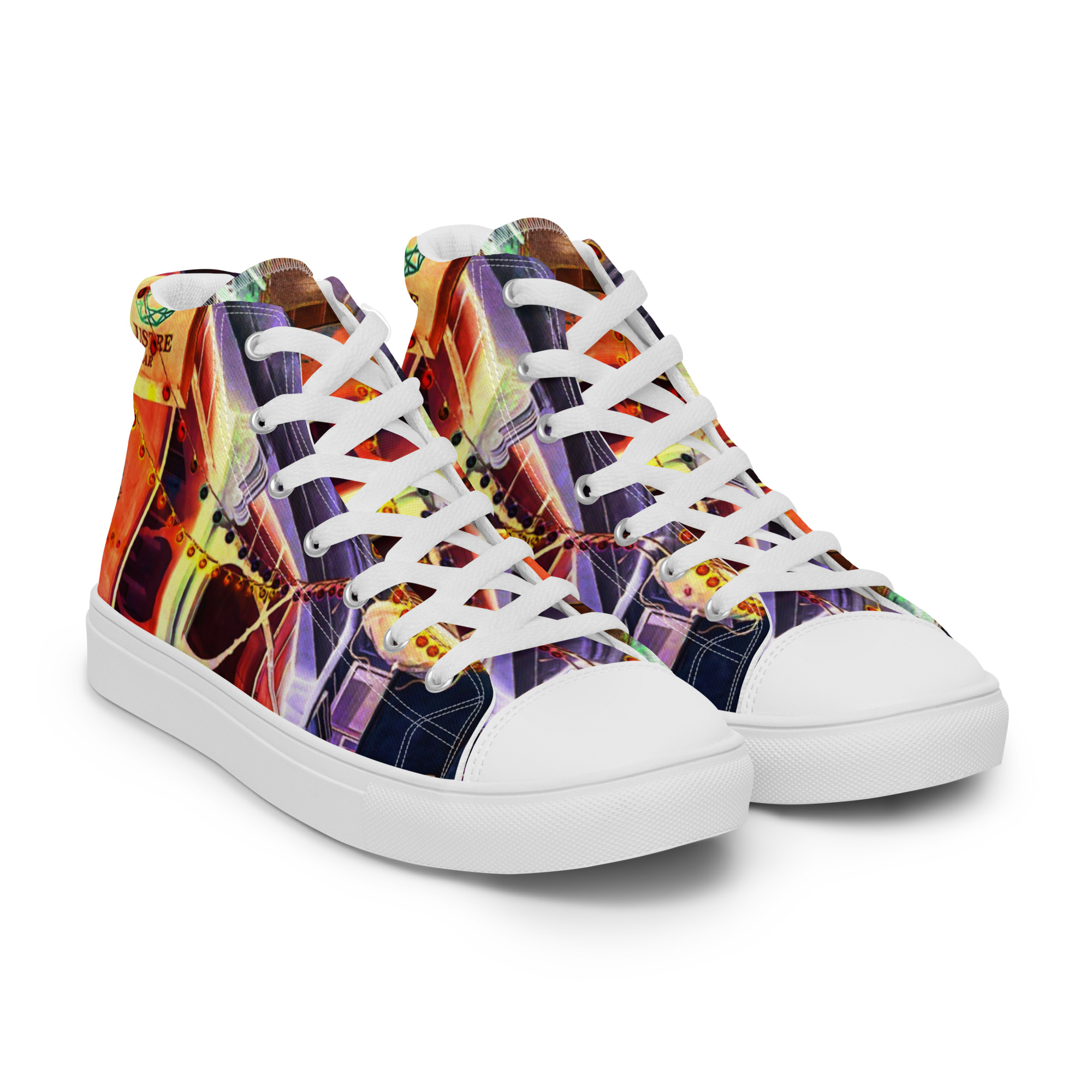 City Lane Women's High Top Canvas Shoes. These handmade, trendy shoes are custom printed with my own design. Side View White Sole.