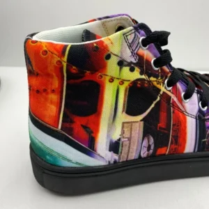 Paul Corps custom printed high-top canvas shoe featuring a vibrant, abstract cityscape design in bold colors with black laces and sole. Showing outside back of shoe.