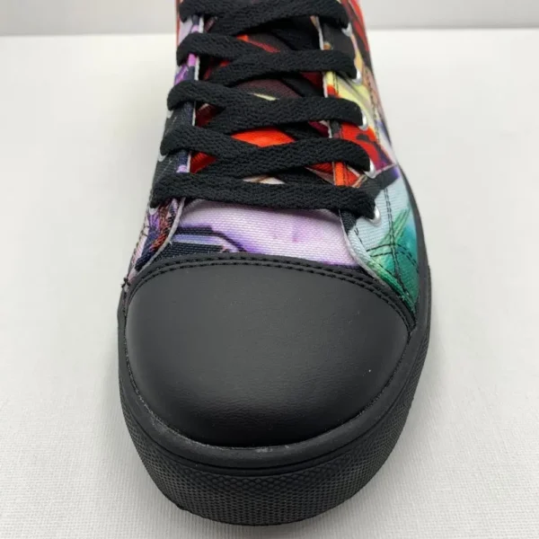 Paul Corps custom printed high-top canvas shoe featuring a vibrant, abstract cityscape design in bold colors with black laces and sole. Showing Toe of right shoe.