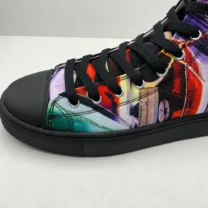 Paul Corps custom printed high-top canvas shoe featuring a vibrant, abstract cityscape design in bold colors with black laces and sole. Showing Toe and outside sole side of shoe.