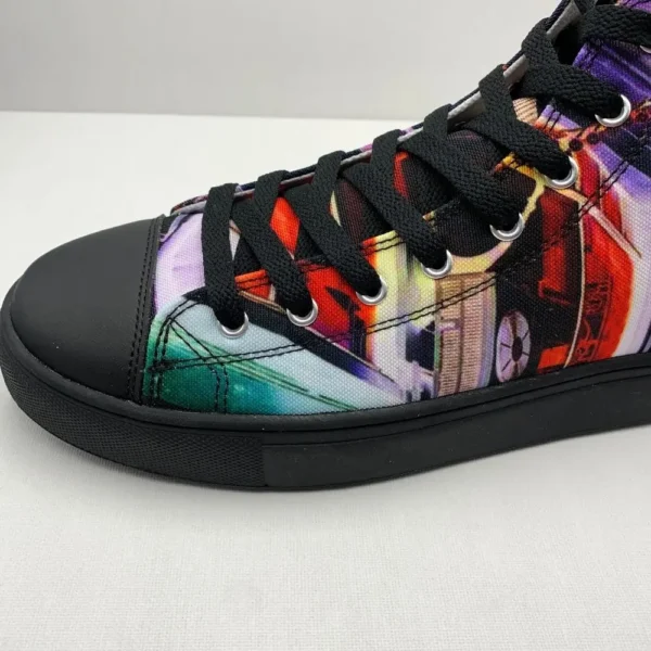 Paul Corps custom printed high-top canvas shoe featuring a vibrant, abstract cityscape design in bold colors with black laces and sole. Showing Toe and outside sole side of shoe.