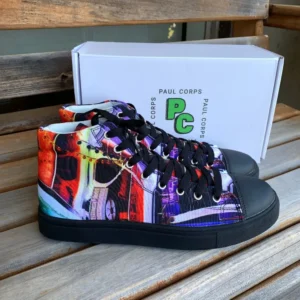 Paul Corps custom printed high-top canvas shoe featuring a vibrant, abstract cityscape design in bold colors with black laces and sole. With Branded Paul Corps Shoe Box
