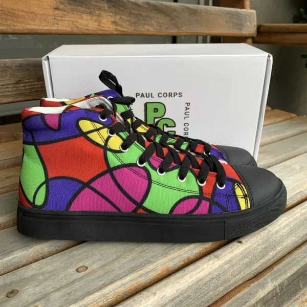 Lava Lamp Memories Canvas Shoes by Paul Corps, left side view on wooden bench.