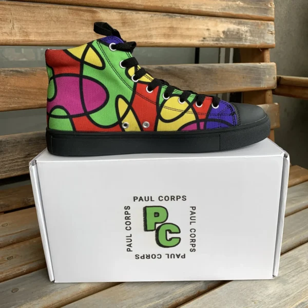 Lava Lamp Memories Canvas Shoes by Paul Corps, right side view on top of branded box.