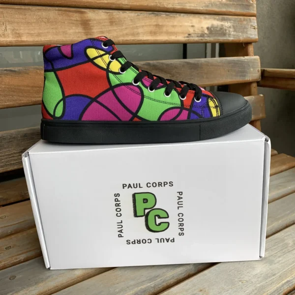 Lava Lamp Memories Canvas Shoes by Paul Corps, close-up of colorful pattern and black soles.