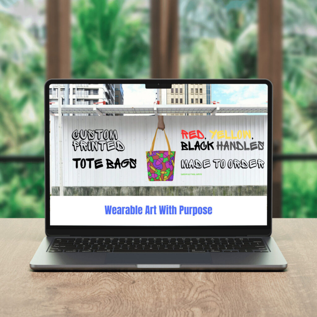 A laptop on a wooden table displays a website banner for custom printed tote bags by Paul Corps, featuring a colourful tote bag with yellow handles and a bold abstract pattern in green, purple, and pink. The banner includes graffiti-style text reading "Custom Printed Tote Bags" and "Red, Yellow, Black Handles Made to Order" against a white fence background.