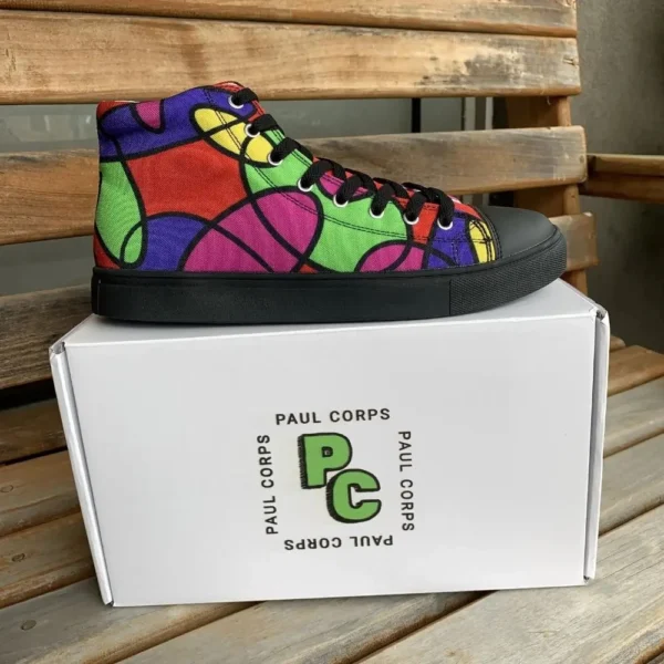 Lava Lamp Memories Canvas Shoes by Paul Corps, close-up of colorful pattern and black soles.