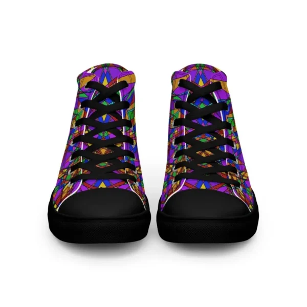 A pair of Paul Corps high-top canvas shoes featuring a bold, multicolored stained glass effect pattern with intersecting lines in purple, orange, green, blue, and red, set against black soles and laces. The shoes are viewed from the front.