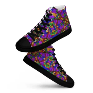 A pair of Paul Corps high-top canvas shoes featuring a bold, multicolored stained glass effect pattern with intersecting lines in purple, orange, green, blue, and red, set against black soles and laces. 