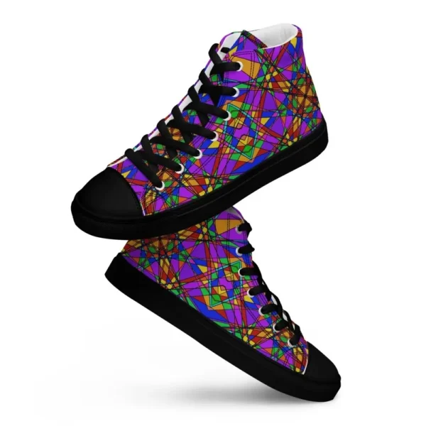 A pair of Paul Corps high-top canvas shoes featuring a bold, multicolored stained glass effect pattern with intersecting lines in purple, orange, green, blue, and red, set against black soles and laces. 