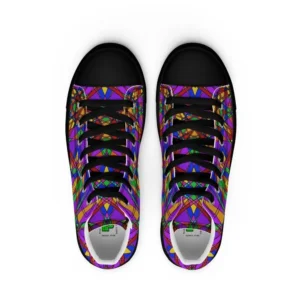 A pair of Paul Corps high-top canvas shoes featuring a bold, multicolored stained glass effect pattern with intersecting lines in purple, orange, green, blue, and red, set against black soles and laces. The shoes are viewed from above.