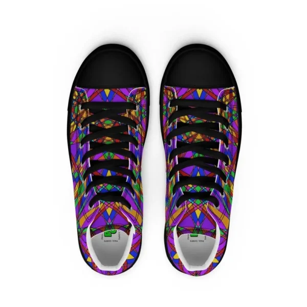 A pair of Paul Corps high-top canvas shoes featuring a bold, multicolored stained glass effect pattern with intersecting lines in purple, orange, green, blue, and red, set against black soles and laces. The shoes are viewed from above.