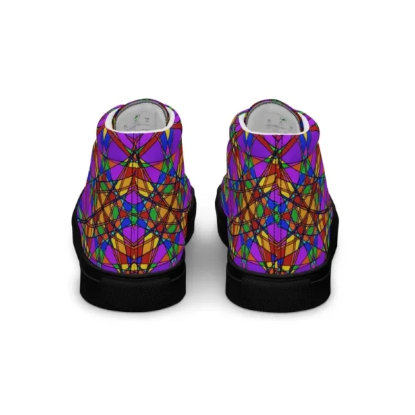 A pair of Paul Corps high-top canvas shoes featuring a bold, multicolored stained glass effect pattern with intersecting lines in purple, orange, green, blue, and red, set against black soles and laces. The shoes are viewed from behind.