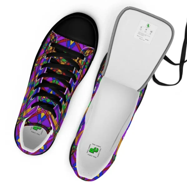 A pair of Paul Corps high-top canvas shoes featuring a bold, multicolored stained glass effect pattern with intersecting lines in purple, orange, green, blue, and red, set against black soles and laces. Showing the inside bottom sole with Paul Corps Logo.