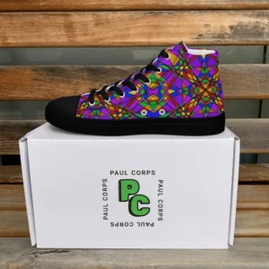 A pair of Paul Corps high-top canvas shoes featuring a bold, multicolored stained glass effect pattern with intersecting lines in purple, orange, green, blue, and red, set against black soles and laces. The shoes are displayed in front of a white Paul Corps branded box on a wooden surface.
