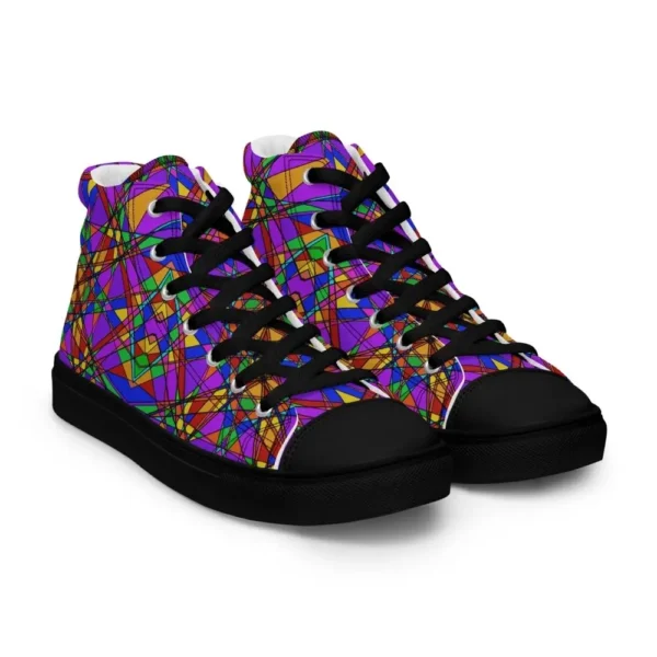 A pair of Paul Corps high-top canvas shoes featuring a bold, multicolored stained glass effect pattern with intersecting lines in purple, orange, green, blue, and red, set against black soles and laces. The shoes are viewed from the side.