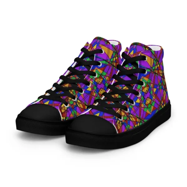 A pair of Paul Corps high-top canvas shoes featuring a bold, multicolored stained glass effect pattern with intersecting lines in purple, orange, green, blue, and red, set against black soles and laces. The shoes are viewed from the front.
