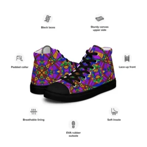 A pair of Paul Corps high-top canvas shoes featuring a bold, multicolored stained glass effect pattern with intersecting lines in purple, orange, green, blue, and red, set against black soles and laces. 