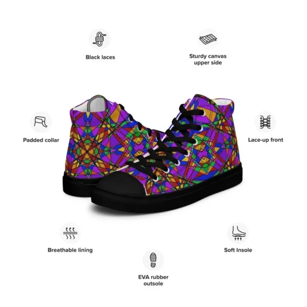 A pair of Paul Corps high-top canvas shoes featuring a bold, multicolored stained glass effect pattern with intersecting lines in purple, orange, green, blue, and red, set against black soles and laces. 