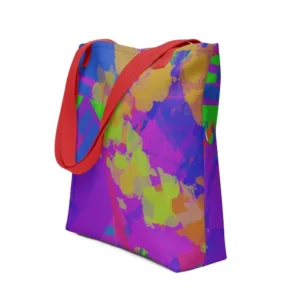 A Kaleidoscope Dream all-over print tote bag with a vibrant abstract pattern in green, purple, yellow, blue and pink, featuring red handles