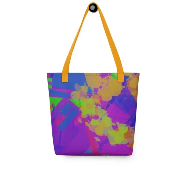 Front view of a Kaleidoscope Dream all-over print tote bag with yellow handles, featuring a bold abstract pattern in green, purple, yellow, blue and pink.