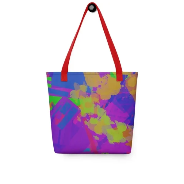 Front view of a Kaleidoscope Dream all-over print tote bag with red handles, featuring a bold abstract pattern in green, purple, yellow, blue and pink.