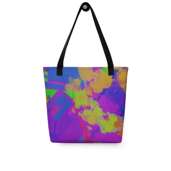 Front view of a Kaleidoscope Dream all-over print tote bag with red handles, featuring a bold abstract pattern in green, purple, yellow, blue and pink.
