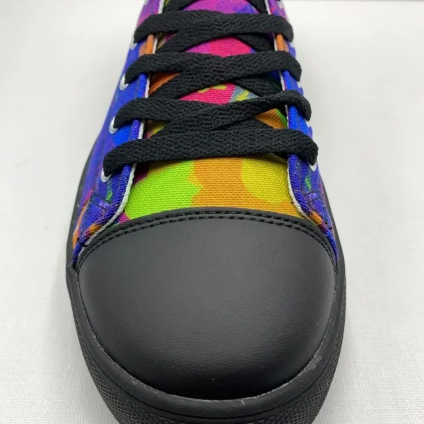 A pair of Paul Corps Kaleidoscope Dream High Top Canvas Shoes featuring a vibrant, abstract pattern in purple, blue, green, and orange, with black laces and black soles, displaying front of shoe