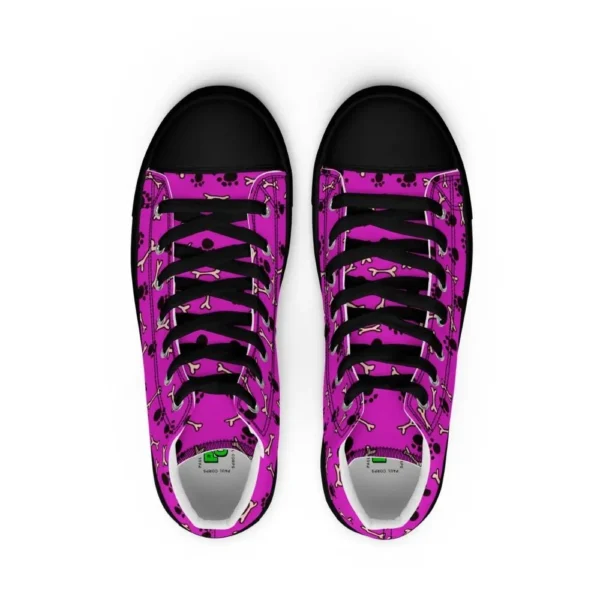 A pair of Paul Corps high-top canvas shoes with a vibrant pink background, decorated with black paw prints and white bone motifs, black laces, and black soles.