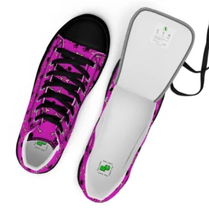 A pair of Paul Corps high-top canvas shoes with a vibrant pink background, decorated with black paw prints and white bone motifs, black laces, and black soles.