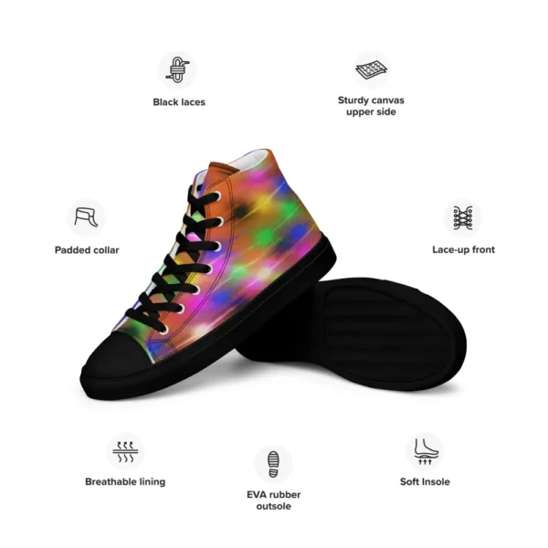 A pair of Paul Corps high-top canvas shoes featuring a bold spray paint-inspired design with vibrant streaks of blue, pink, orange, and yellow, black laces, and black soles.