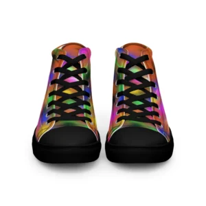 A pair of Paul Corps high-top canvas shoes featuring a bold spray paint-inspired design with vibrant streaks of blue, pink, orange, and yellow, black laces, and black soles.