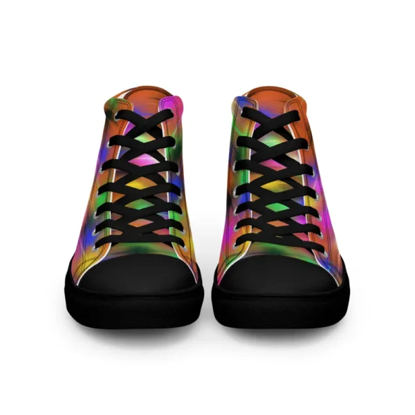 A pair of Paul Corps high-top canvas shoes featuring a bold spray paint-inspired design with vibrant streaks of blue, pink, orange, and yellow, black laces, and black soles.