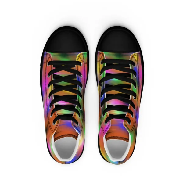 A pair of Paul Corps high-top canvas shoes featuring a bold spray paint-inspired design with vibrant streaks of blue, pink, orange, and yellow, black laces, and black soles.