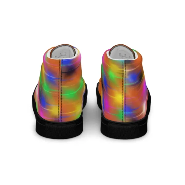 A pair of Paul Corps high-top canvas shoes featuring a bold spray paint-inspired design with vibrant streaks of blue, pink, orange, and yellow, black laces, and black soles.