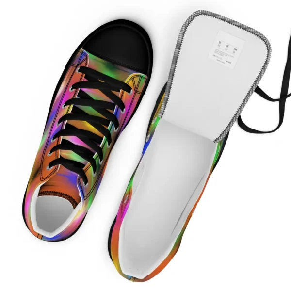 A pair of Paul Corps high-top canvas shoes featuring a bold spray paint-inspired design with vibrant streaks of blue, pink, orange, and yellow, black laces, and black soles.
