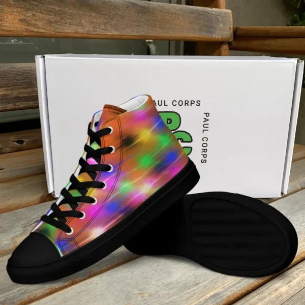 A pair of Paul Corps high-top canvas shoes featuring a bold spray paint-inspired design with vibrant streaks of blue, pink, orange, and yellow, black laces, and black soles.
