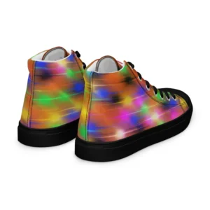 A pair of Paul Corps high-top canvas shoes featuring a bold spray paint-inspired design with vibrant streaks of blue, pink, orange, and yellow, black laces, and black soles.