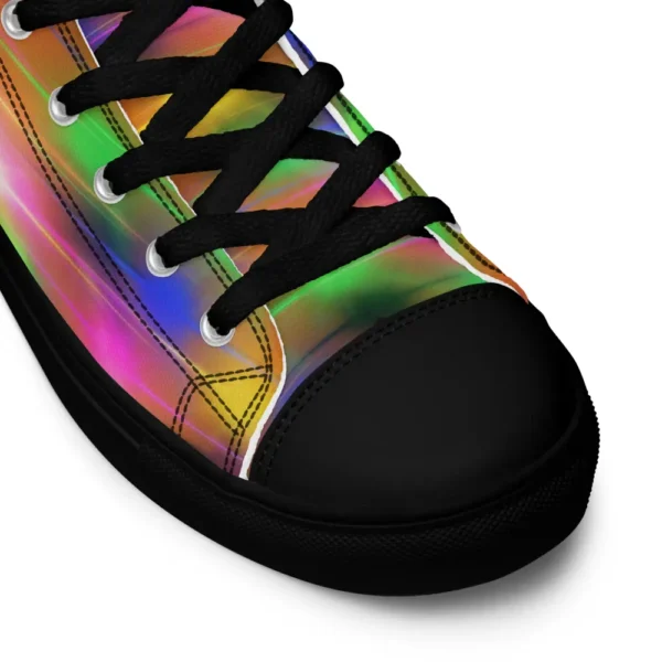 A pair of Paul Corps high-top canvas shoes featuring a bold spray paint-inspired design with vibrant streaks of blue, pink, orange, and yellow, black laces, and black soles.