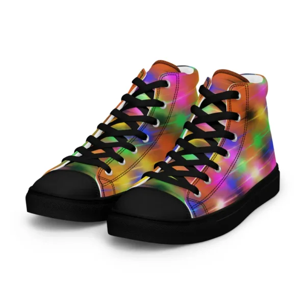 A pair of Paul Corps high-top canvas shoes featuring a bold spray paint-inspired design with vibrant streaks of blue, pink, orange, and yellow, black laces, and black soles.