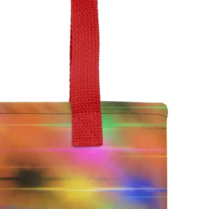A Paul Corps large tote bag featuring a vibrant spray paint-inspired design with dynamic streaks of blue, pink, orange, and yellow on a black background, finished with sturdy black, red or yellow handles.