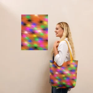 A Paul Corps large tote bag featuring a vibrant spray paint-inspired design with dynamic streaks of blue, pink, orange, and yellow on a black background, finished with sturdy black, red or yellow handles.