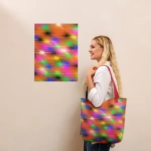 A Paul Corps large tote bag featuring a vibrant spray paint-inspired design with dynamic streaks of blue, pink, orange, and yellow on a black background, finished with sturdy black, red or yellow handles.